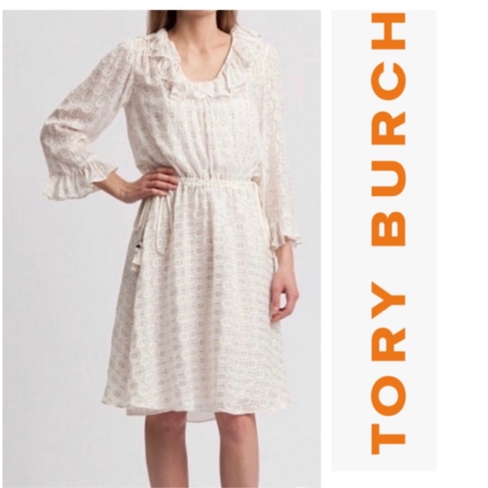 Tory Burch Jasmine Ivory Metallic Tie Waist
Long Sleeve Midi dress